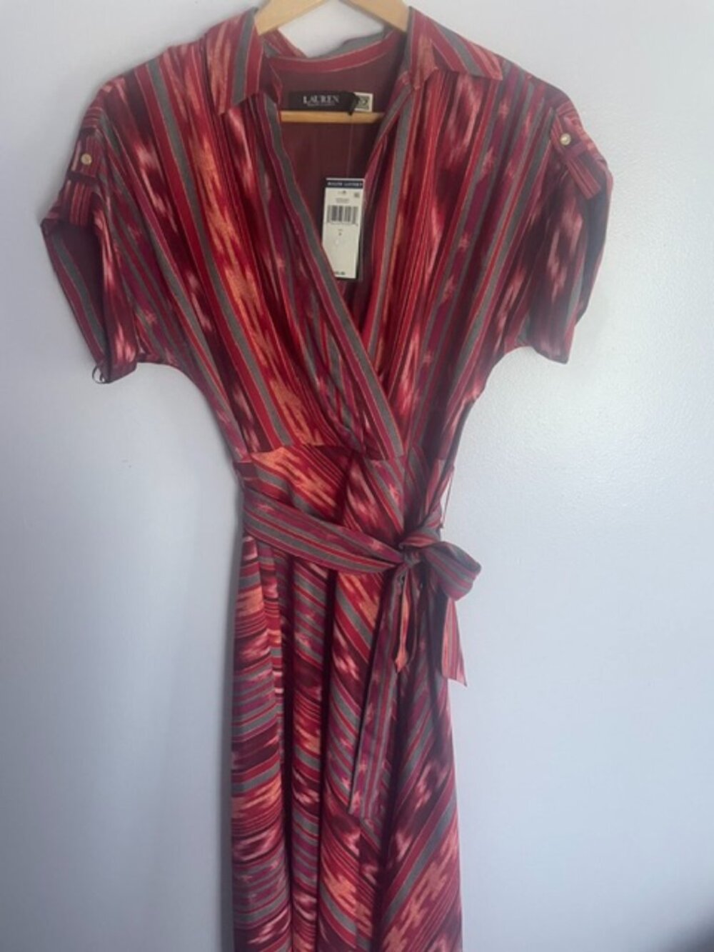 NWT-Lauren, red/turquoise Ikat wrap dress, size 4